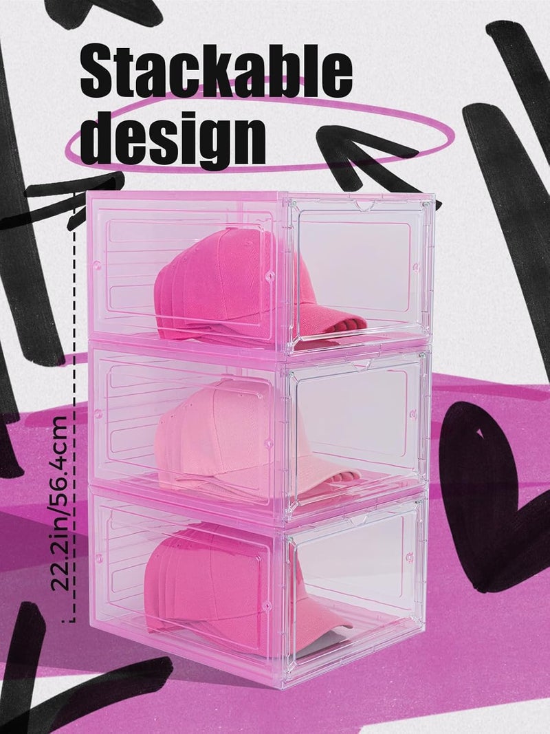 SCAVATA 6 Pack Hat Organizer Box, Stackable Clear Baseball Caps Holder Box Containers with Magnetic Door for Hats Snapback Cap Storag, Hat Rack Display Case, Holds 8 Hats Each (Pink) - Image 3